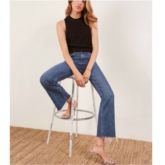 REFORMATION Women's Blue Cropped Flood Kasai High Waist Raw Hem Jeans Size 27 - Picture 9 of 11